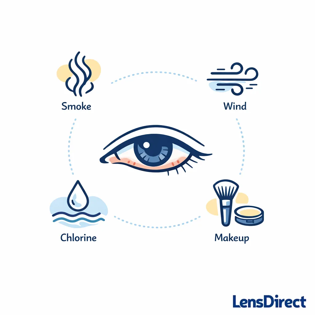 Smoke, wind, chlorine, and cosmetics are shown as everyday triggers for temporary red eyes.