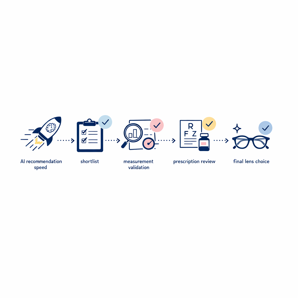 A streamlined path shows AI speed first, then measurements and lens checks before purchase.