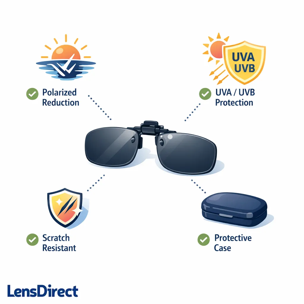 Polarization, UV protection, durability, and a case appear as a simple buyer checklist.