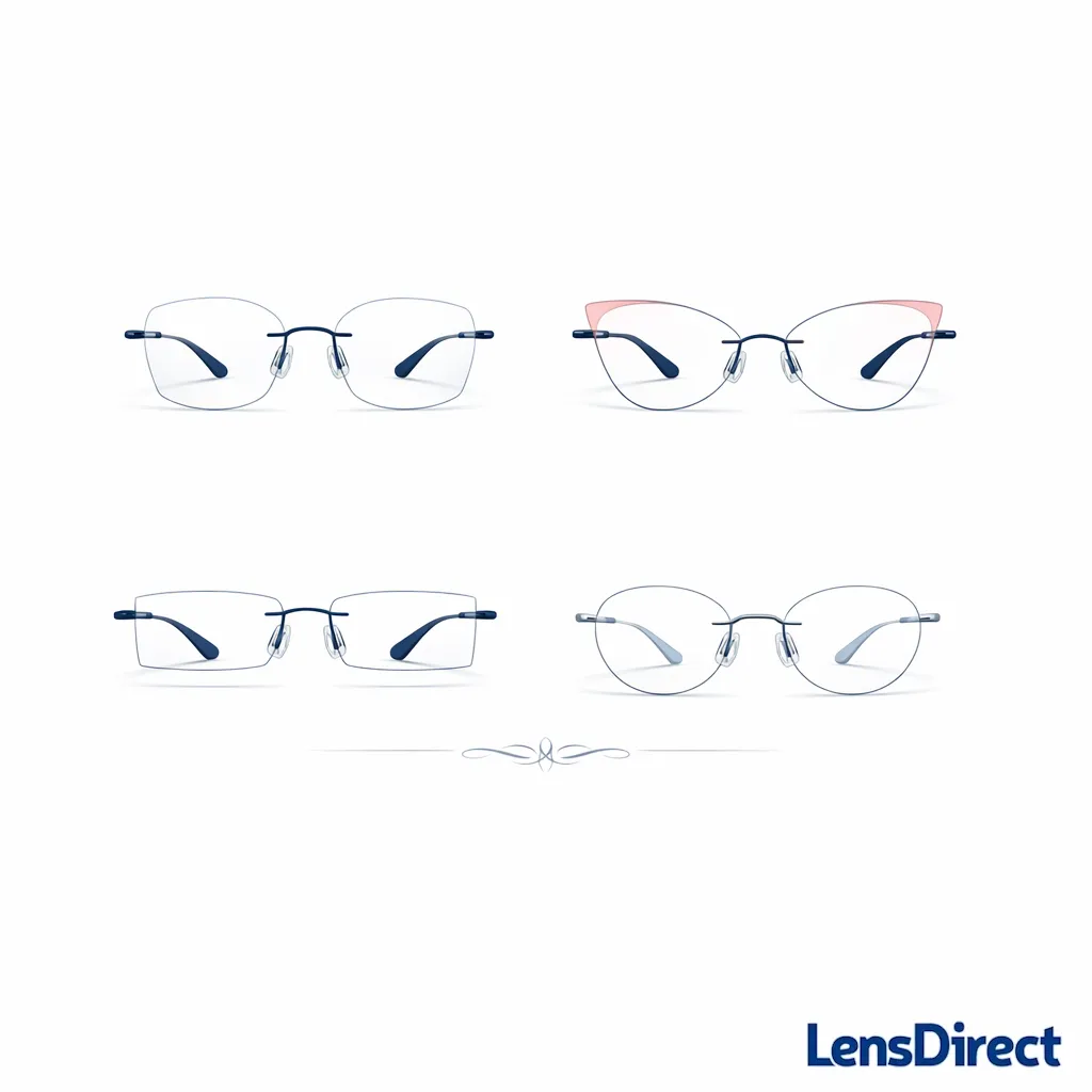 Contemporary rimless lens silhouettes with thin hardware and refined geometric shapes.