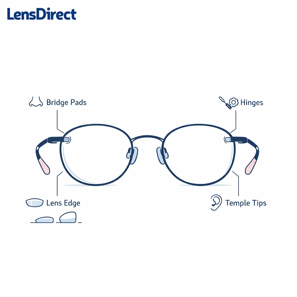 A gentle materials diagram pairs a light frame with lens thickness and skin-contact checkpoints.