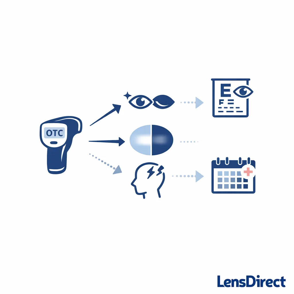 A gentle decision point shows one eye imbalance and headaches as signs to seek professional guidance.