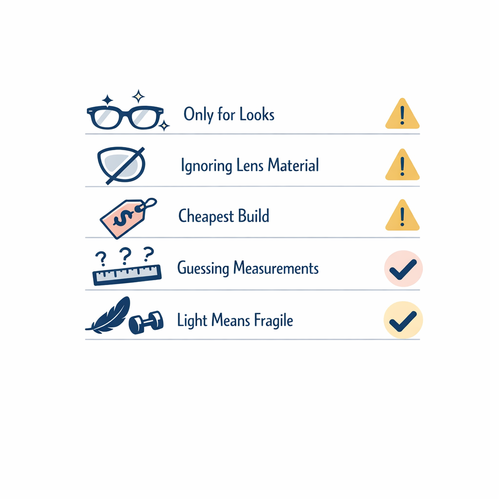Five simple caution icons show common rimless buying mistakes without heavy text.