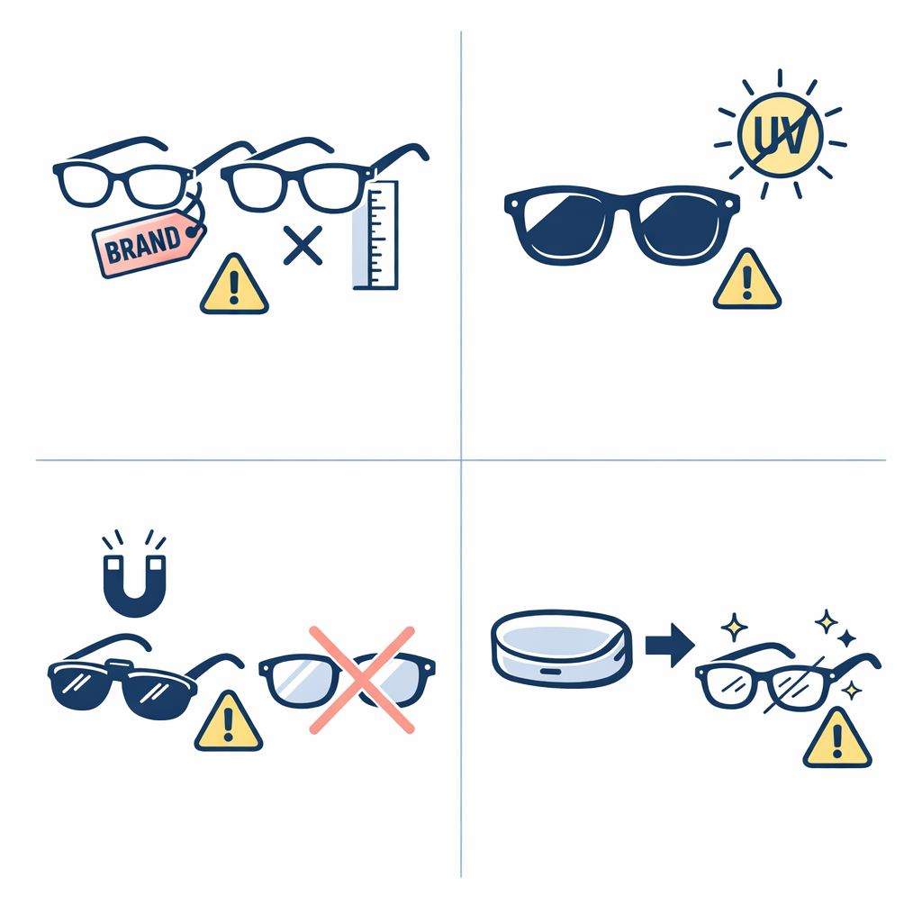 Four caution icons highlight sizing, tint, magnetic fit, and storage mistakes.