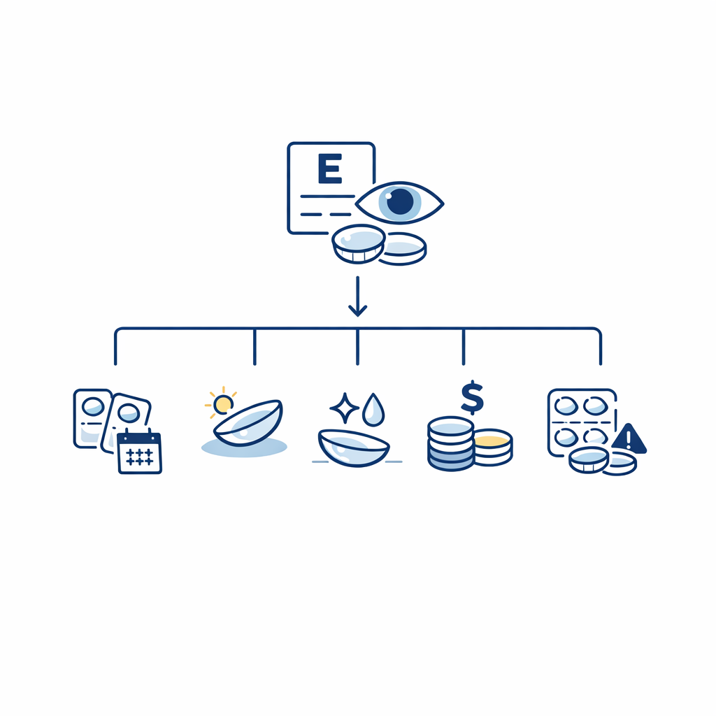 A simple flowchart guides buyers from prescription to schedule to yearly spend and backup glasses.