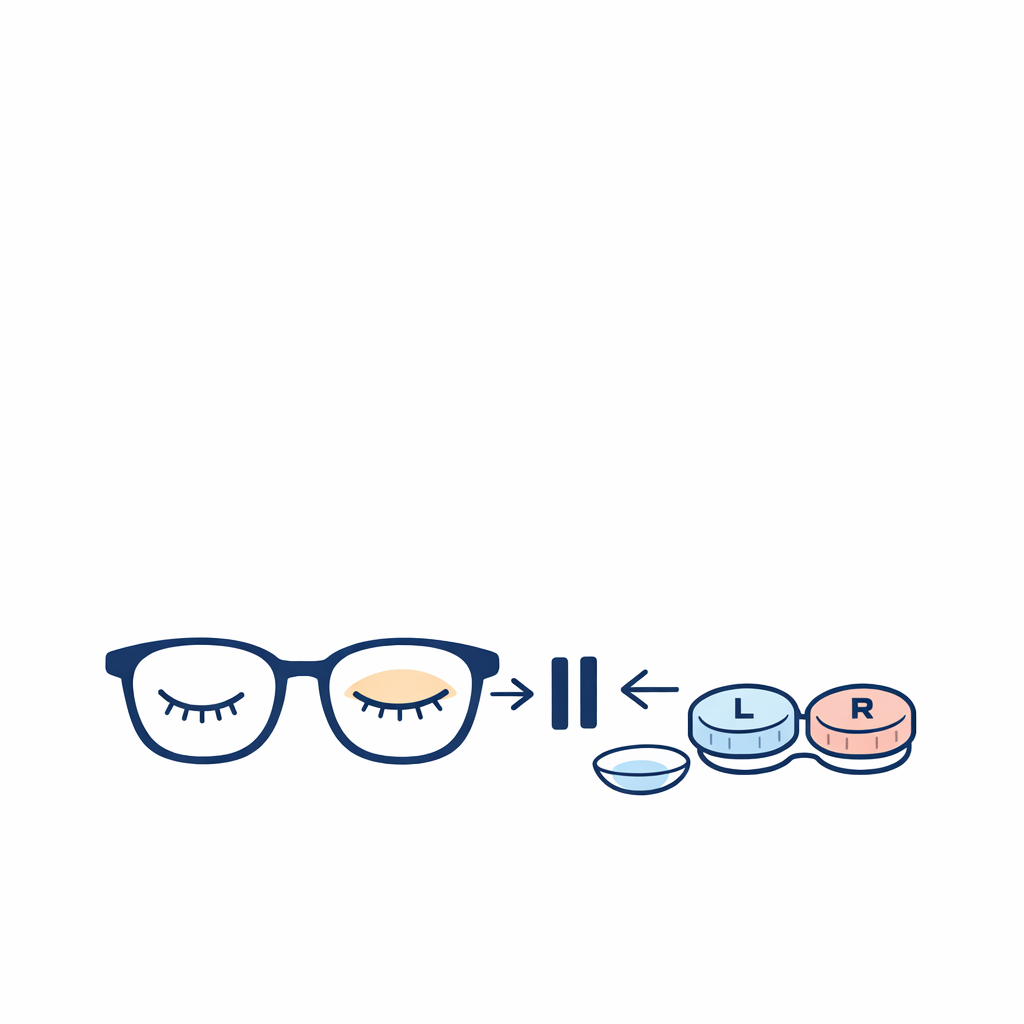 A calm eye and a pair of glasses suggest giving contacts a break when redness starts.