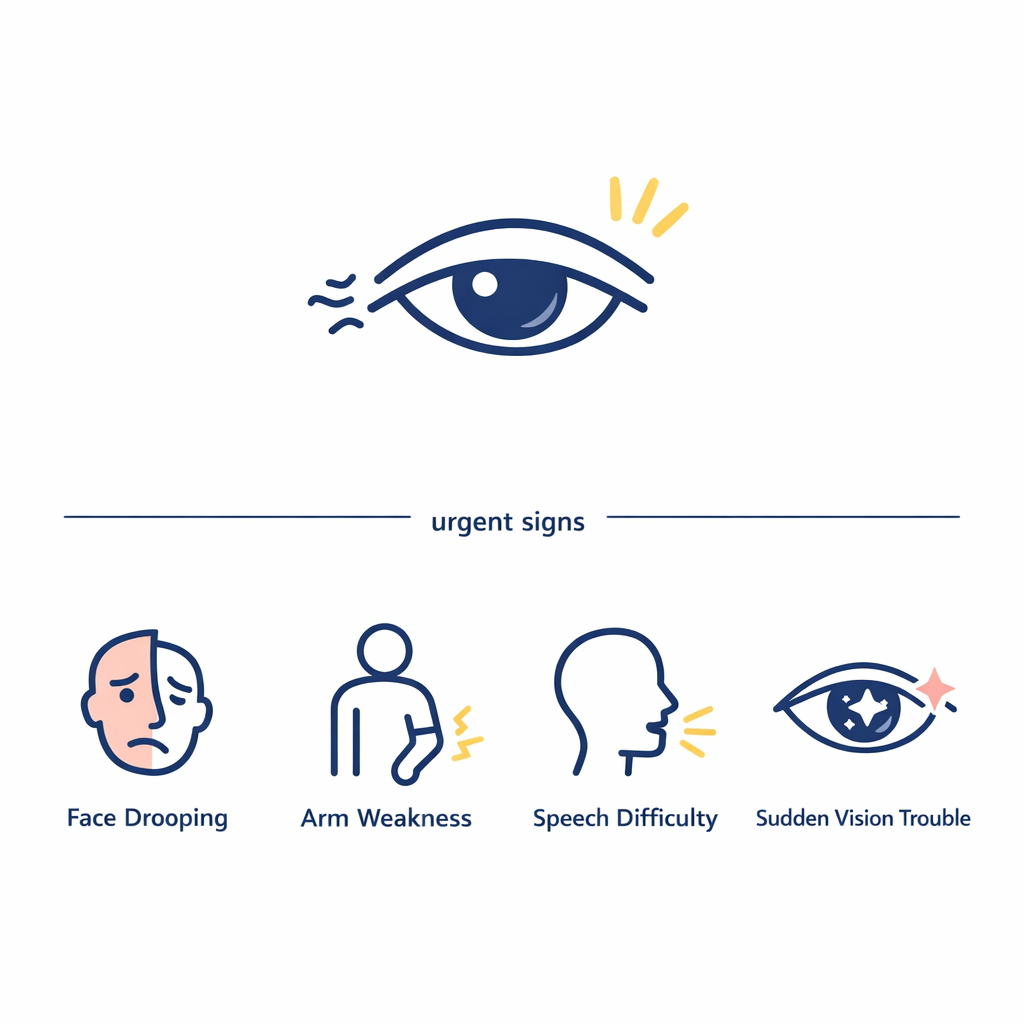 A calm safety graphic separates isolated eyelid twitching from urgent stroke warning signs.