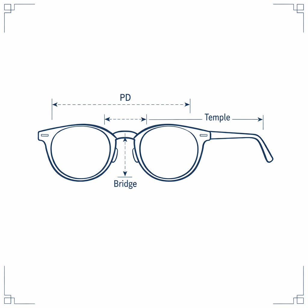 A glasses measurement diagram marks PD, bridge, and temple with clean technical lines.