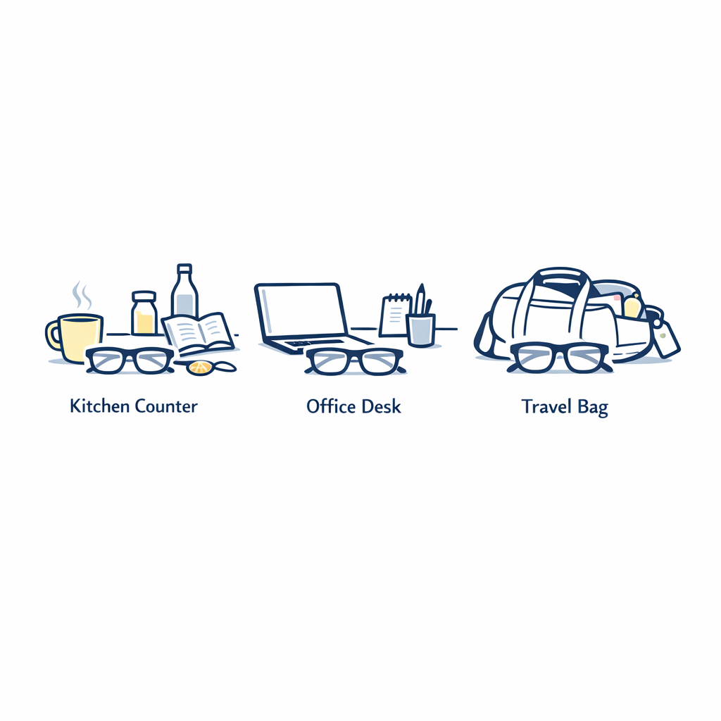 Readers are neatly placed in a kitchen, work desk, and travel bag as practical backups.