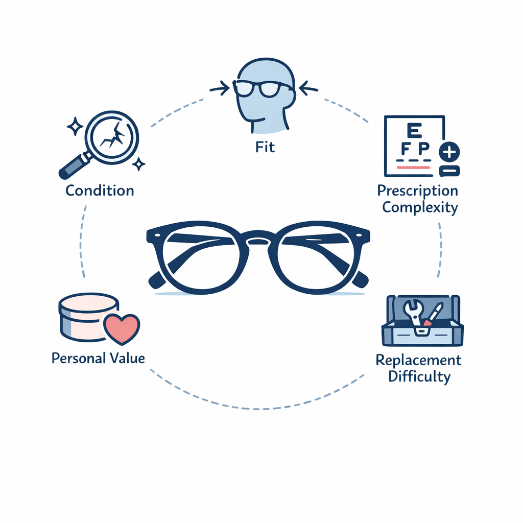A treasured frame is weighed against condition, fit, and complexity in a calm decision graphic.