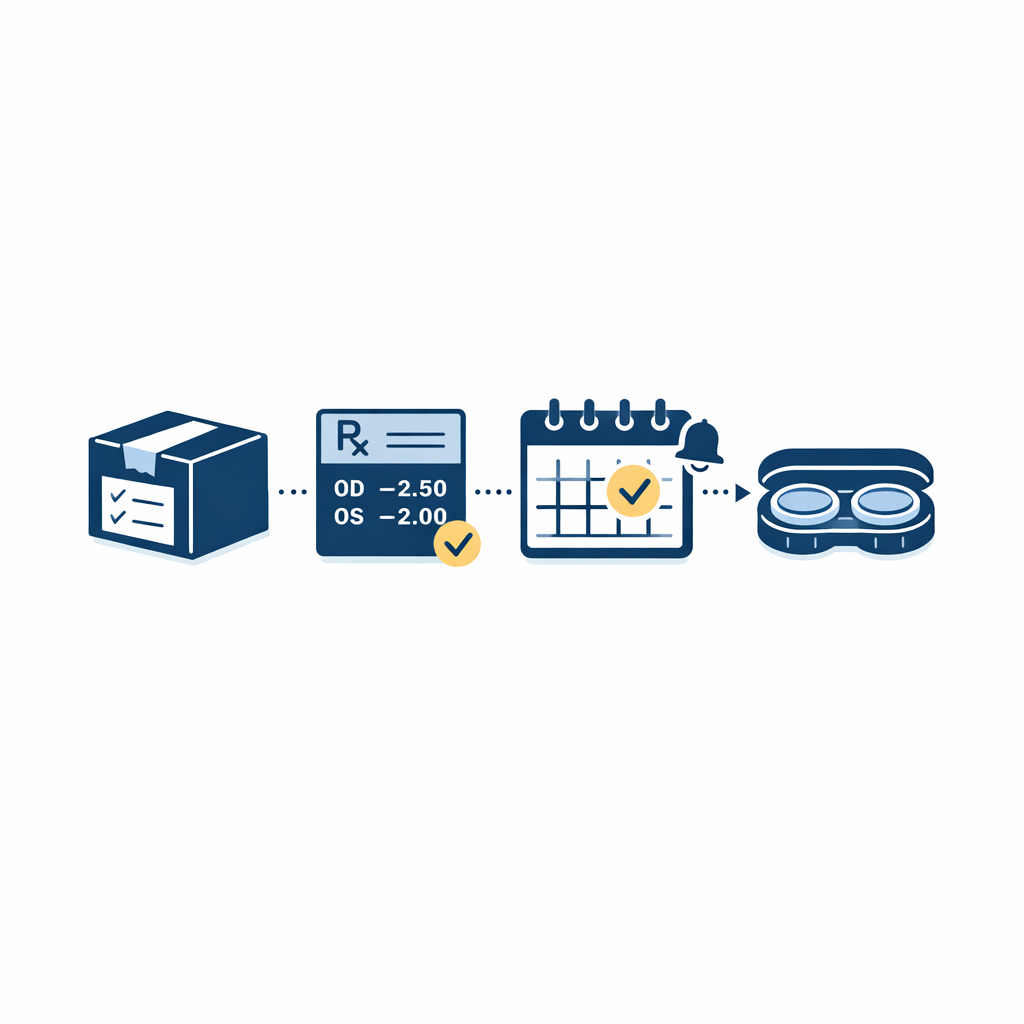 A reorder box, saved prescription card, and calendar reminder show a smoother buying routine.