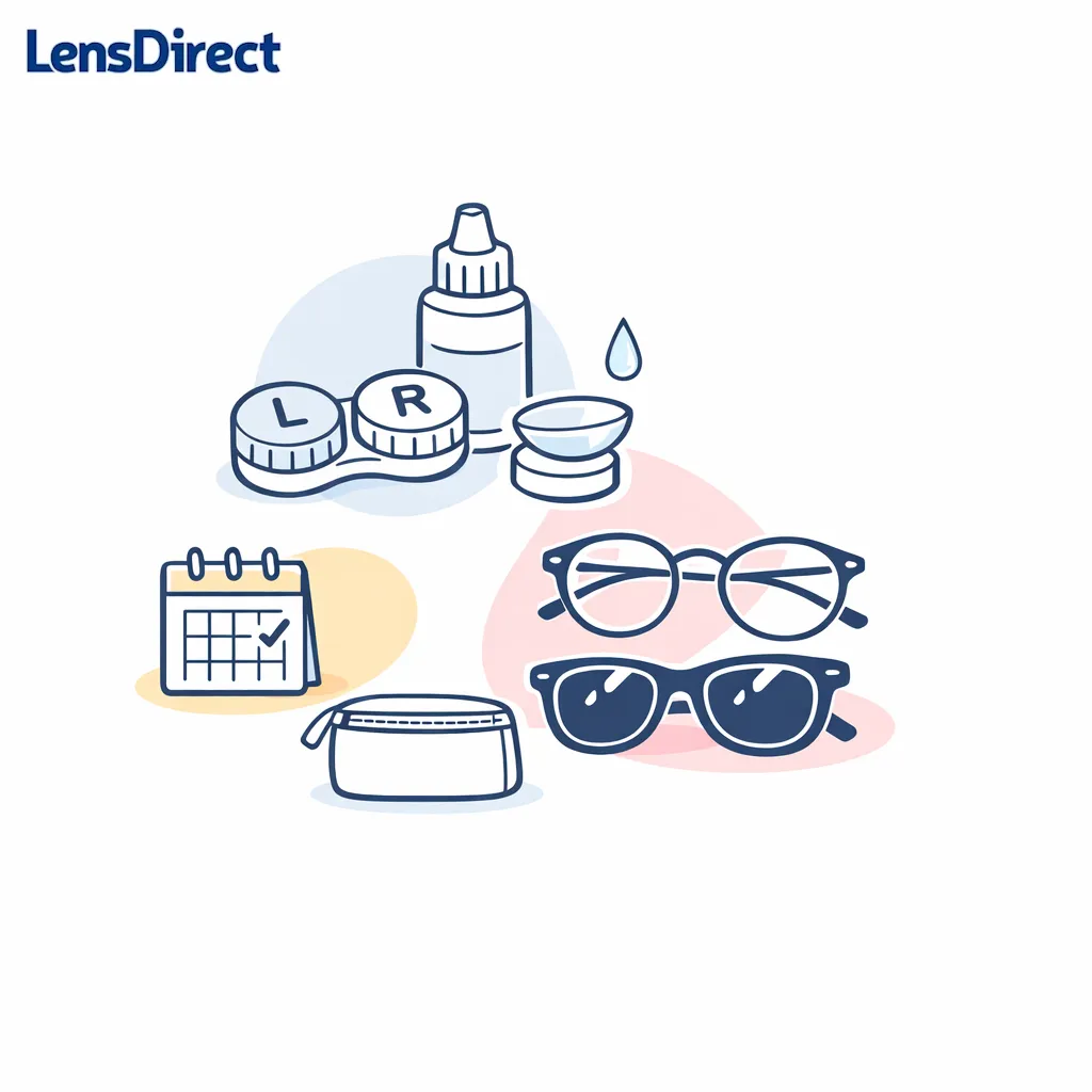 Contacts, eyeglasses, and sunglasses are arranged as a practical everyday eye-care backup plan.