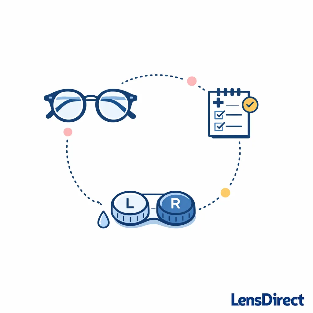 A pair of glasses sits beside contact lens tools to emphasize keeping a reliable backup plan.