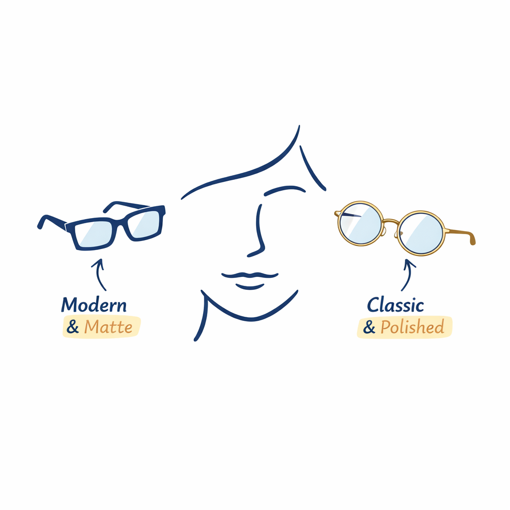 A face outline and two frame finishes compare softer styling choices and polished versus matte feel.