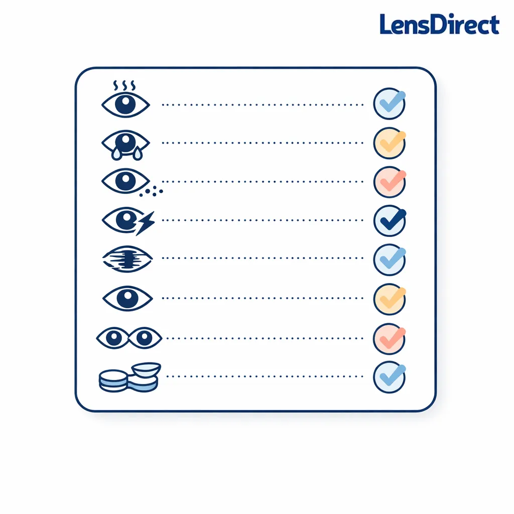 A small symptom tracker uses icons for itchy, watery, painful, blurry, and one-eye clues.