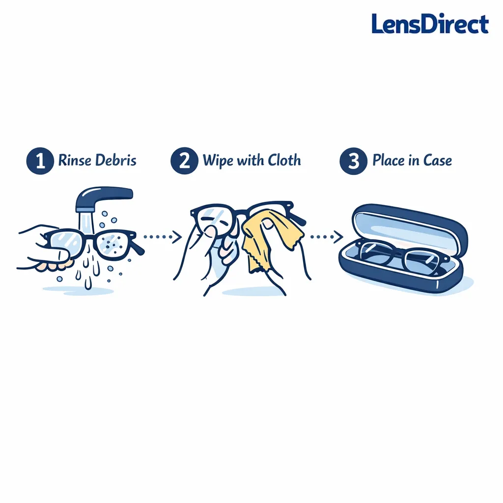 Line-art sequence shows rinse, microfiber wipe, and hard case storage for rimless glasses.
