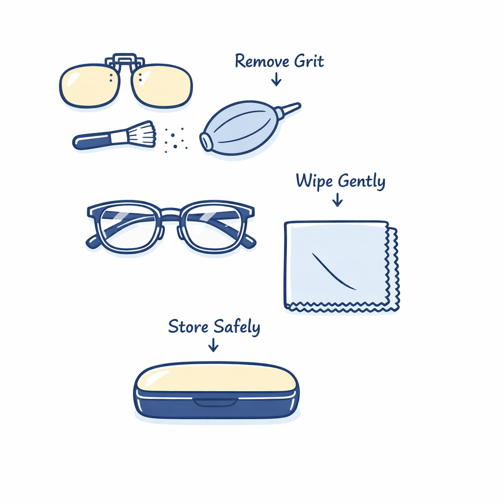 A microfiber cloth, case, and clip-on lenses are arranged in a tidy care diagram.