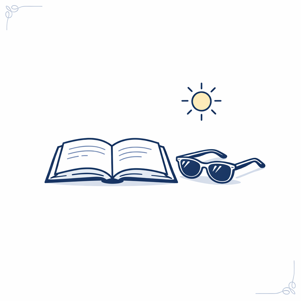 A pair of tinted reading sunglasses sits beside an open book under a simple sun icon.