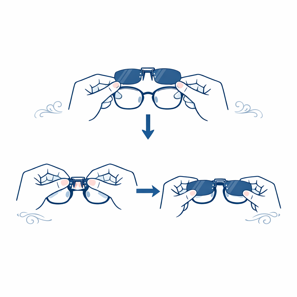 Two hands carefully place a clip-on onto glasses in a simple step-by-step diagram.