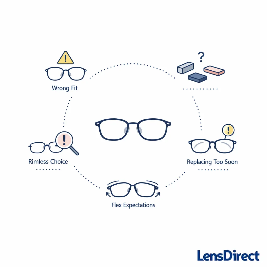 Five caution icons show sizing errors, component assumptions, and style misconceptions.