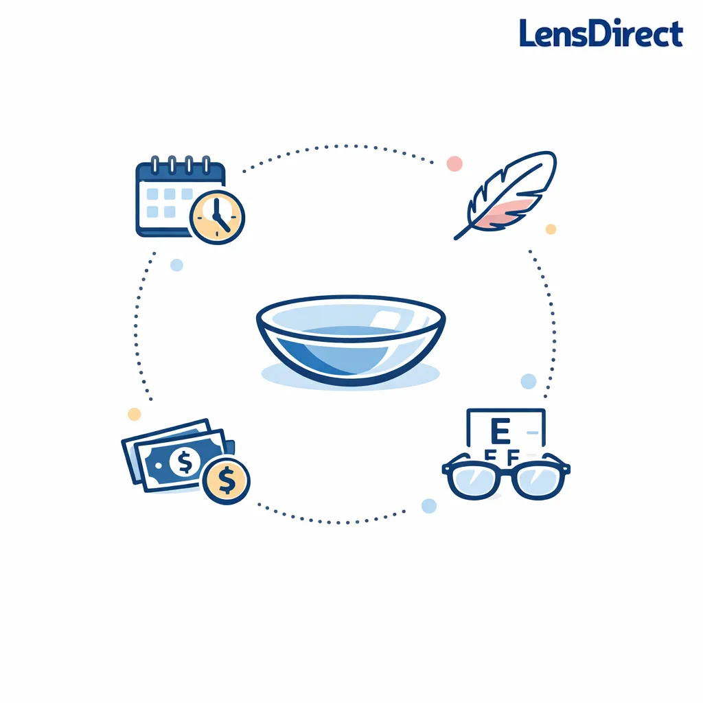 A centered contact lens decision graphic combines schedule, comfort, budget, and prescription in one summary.