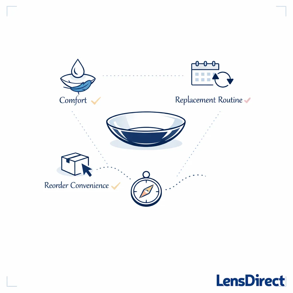 A final decision graphic combines comfort, schedule, and reorder ease into one clear contact lens choice.