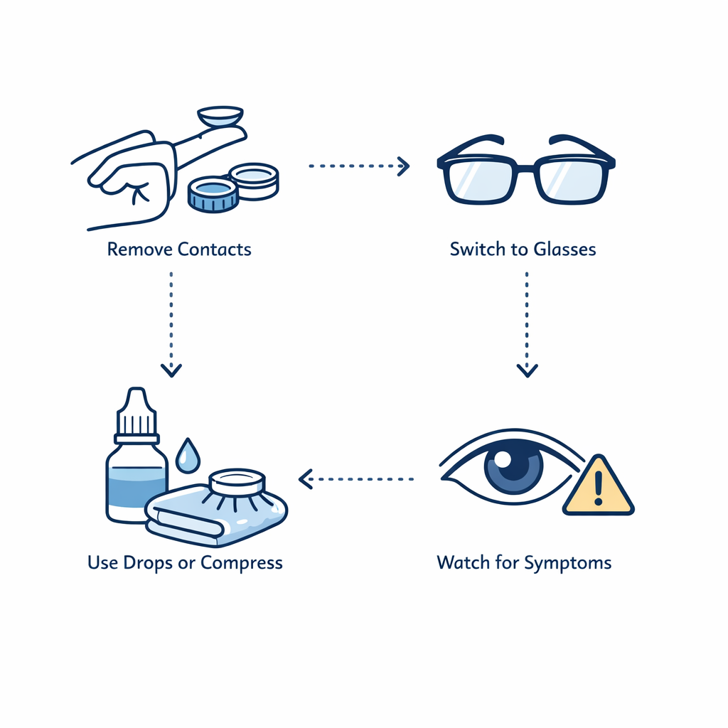 A step-by-step visual flow shows remove contacts, use glasses, try tears, and watch for warning signs.