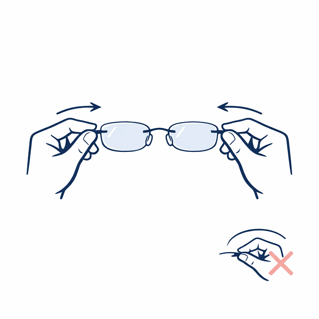 Minimal hands removing rimless glasses evenly from both temples to reduce twist stress.