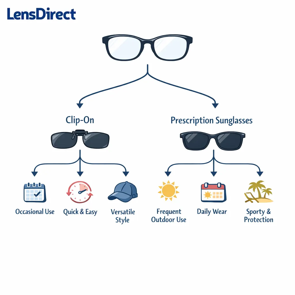 A decision path branches from current glasses toward clip-ons or prescription sunglasses.