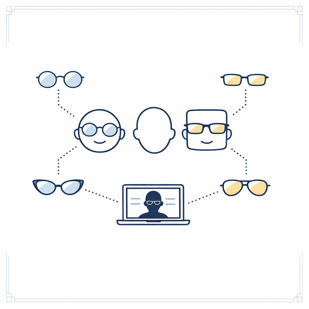 A face-shape guide and frame silhouettes help narrow choices without clutter.