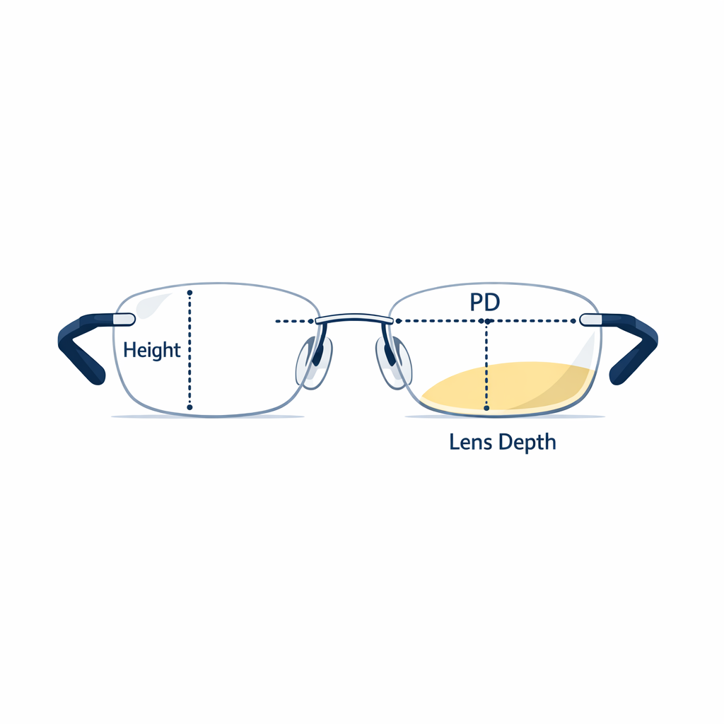 Rimless glasses with measurement guides emphasize accurate fit for progressive lenses.