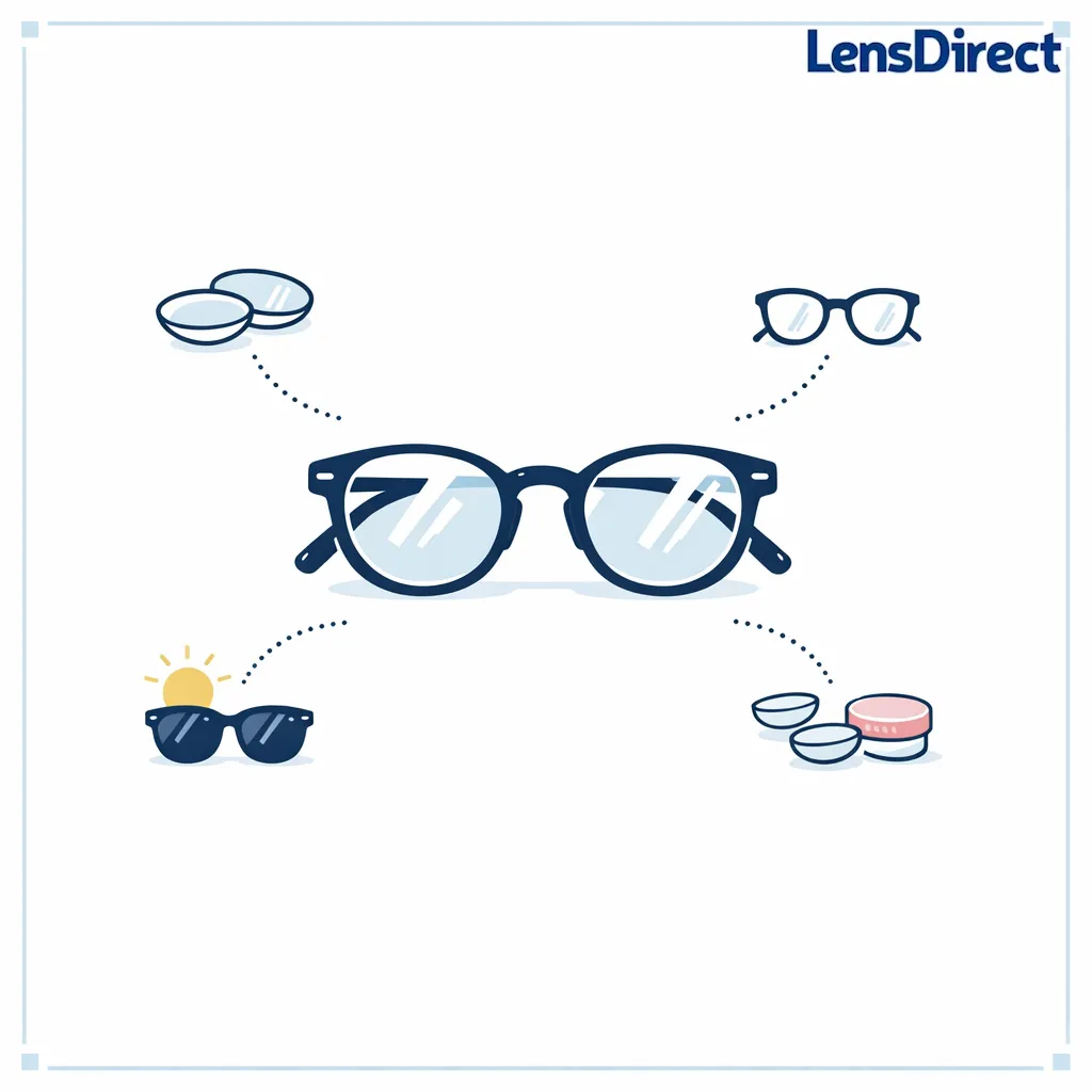 A refreshed pair of glasses is centered with simple options branching to lenses, glasses, sunglasses, and contacts.