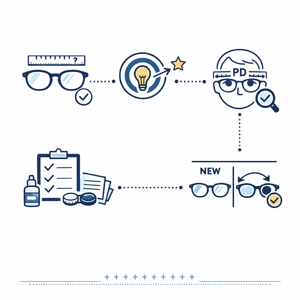 A clear step path shows check size, choose goal, verify PD, and compare relensing options.