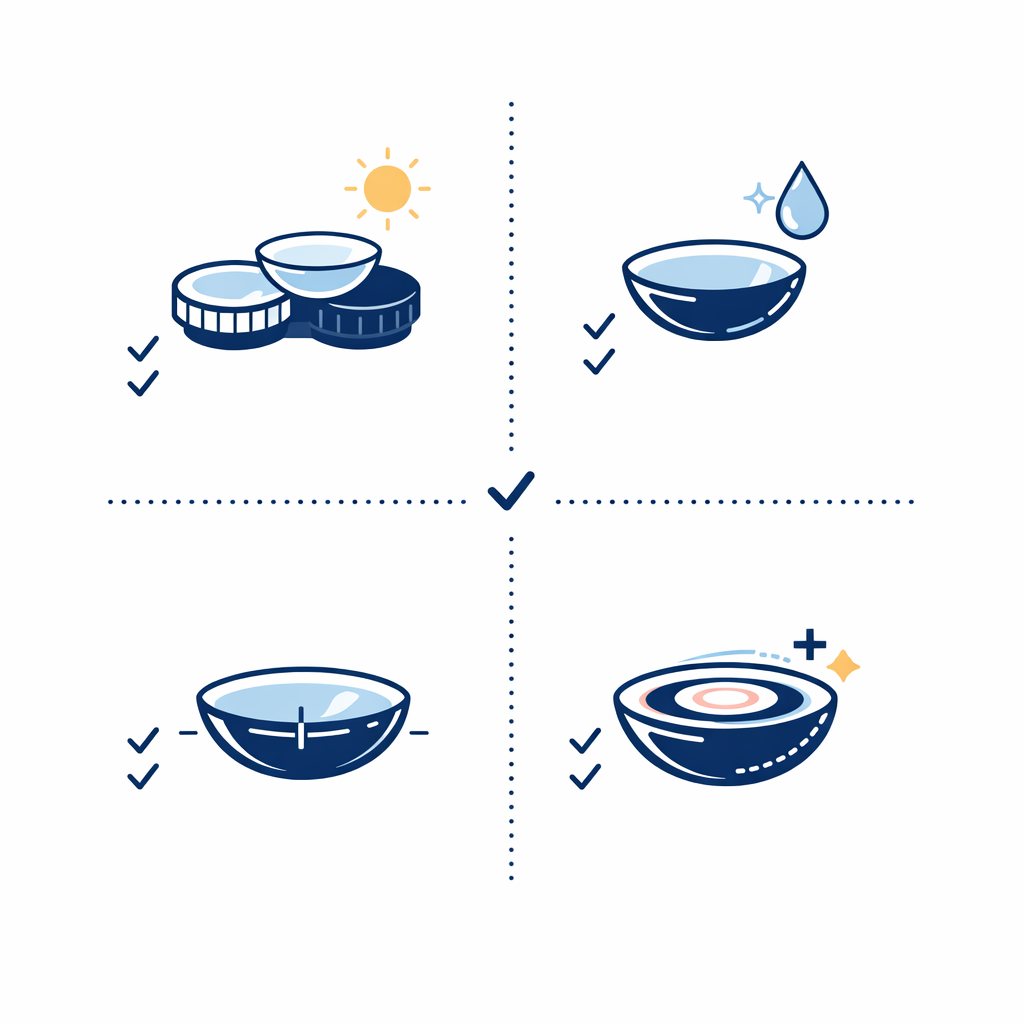 Four lens use cases are shown as simple icons for standard, dry eyes, astigmatism, and multifocal needs.
