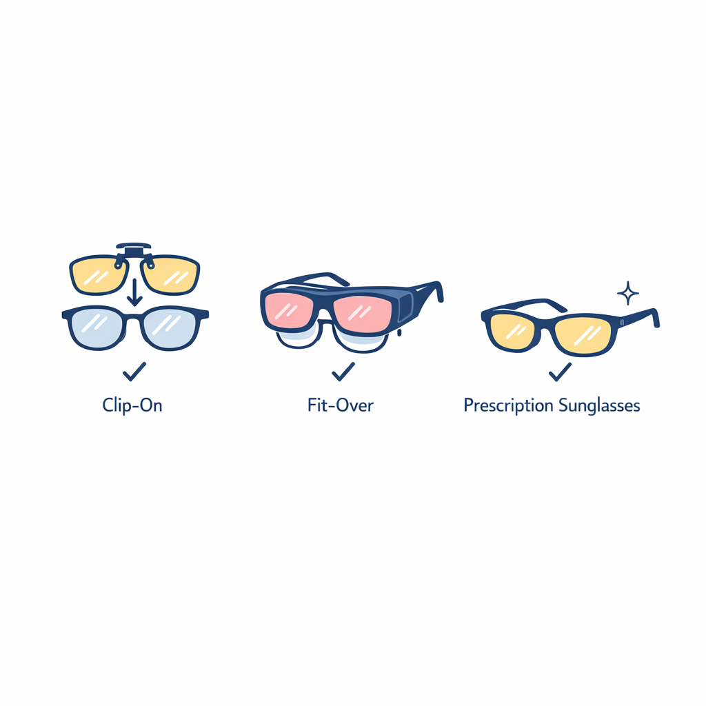 Three eyewear options are compared with simple icons for clip-ons, fit-overs, and prescription sunglasses.
