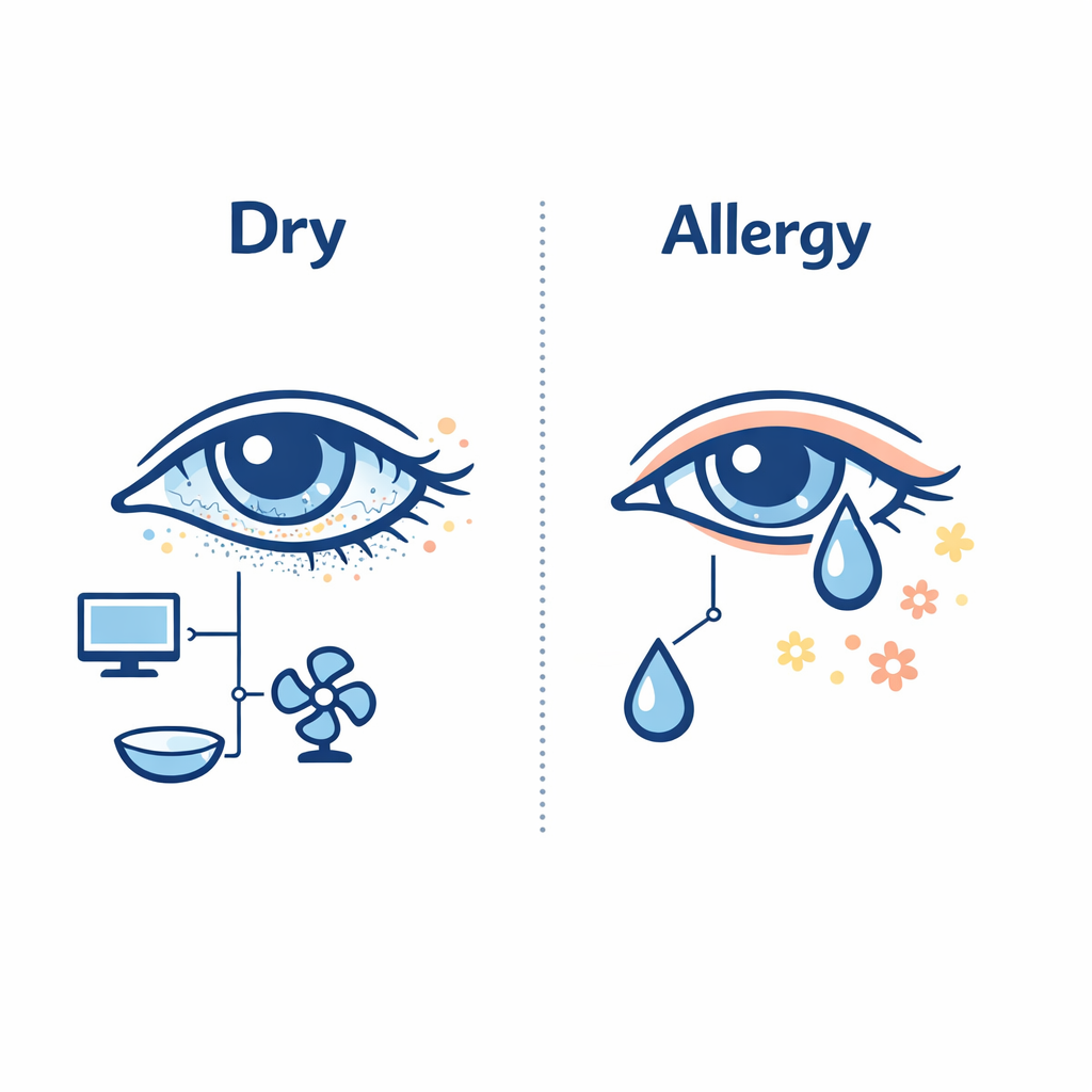 A split eye illustration compares gritty dry-eye symptoms with itchy watery allergy symptoms.