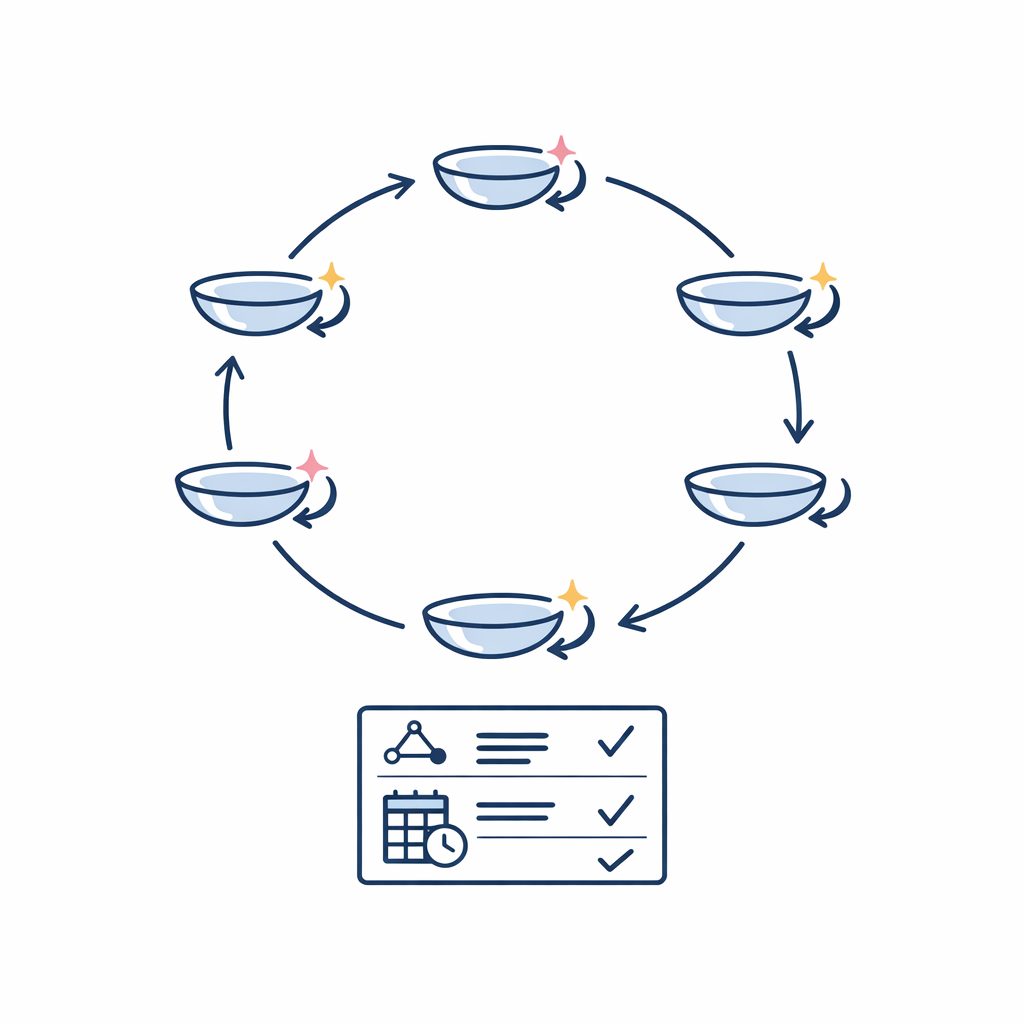 A simple timeline shows more frequent lens replacement with repeated fresh-pair icons and soft arrows.