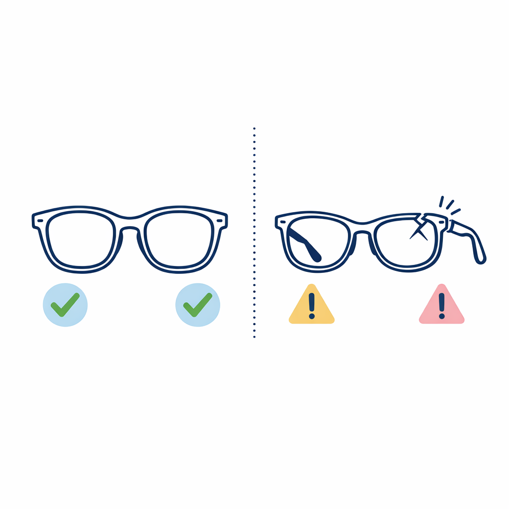 A side-by-side comparison shows a sturdy full-rim frame and a cracked warped frame.