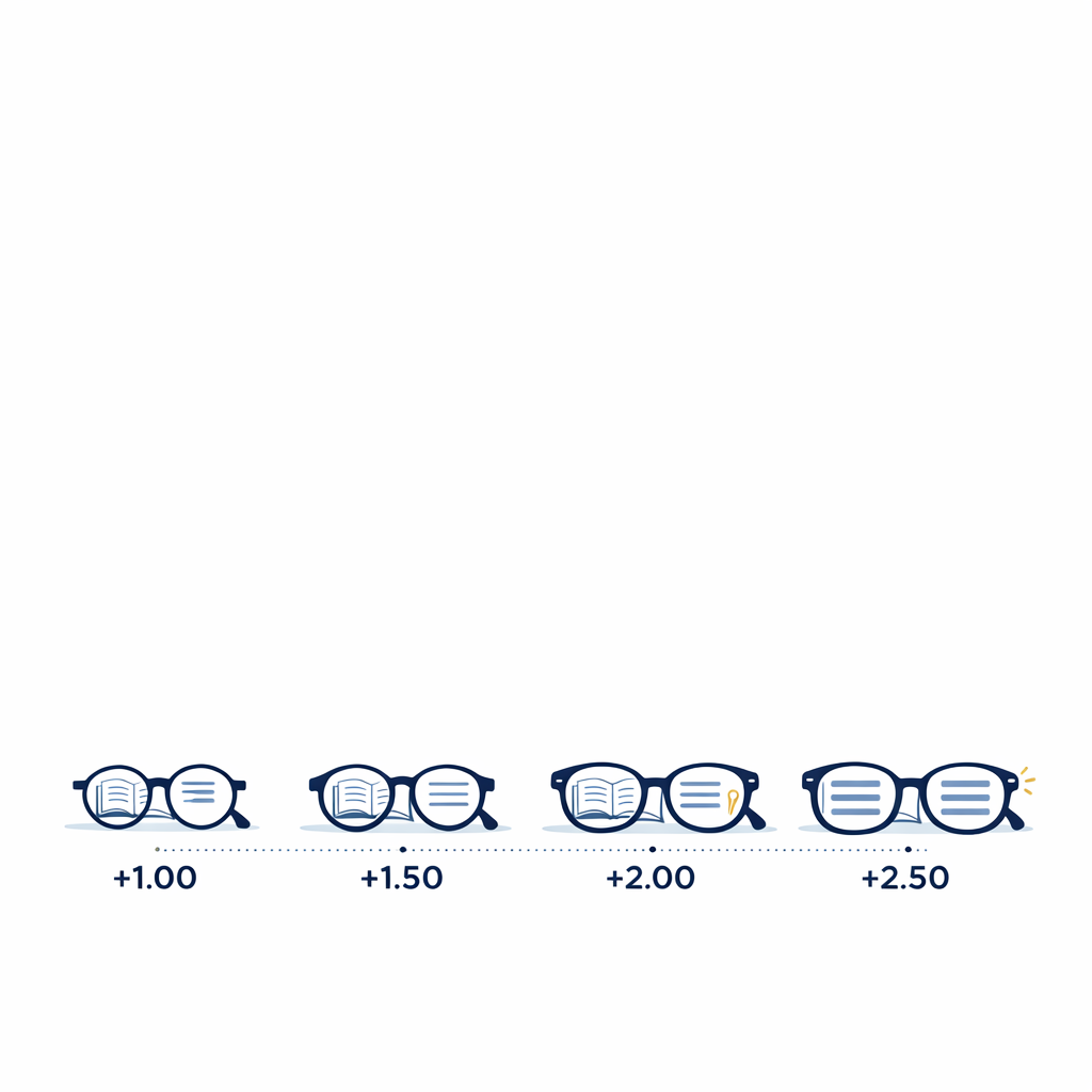A sequence of lenses shows plus strengths increasing from weaker to stronger with subtle size changes.