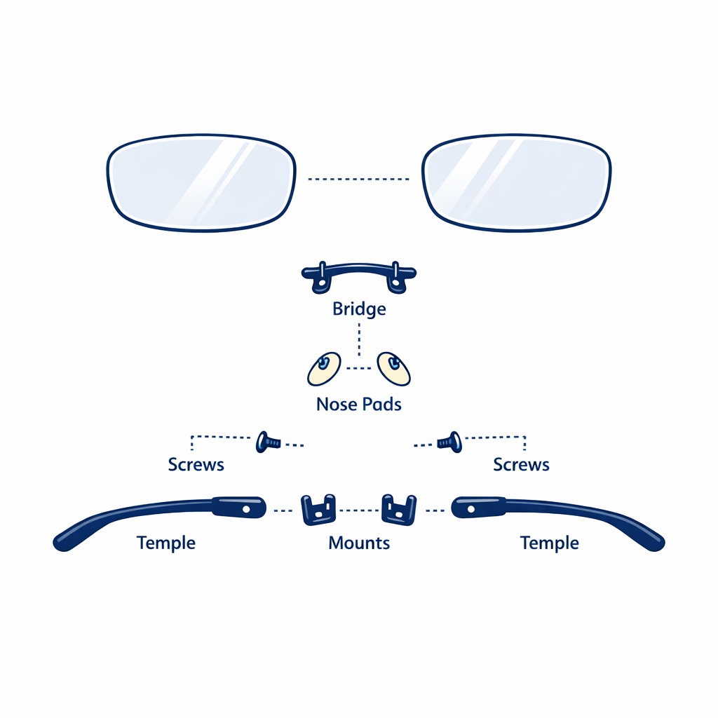Exploded line-art diagram of rimless glasses showing lenses, bridge, temples, screws, and mounts.