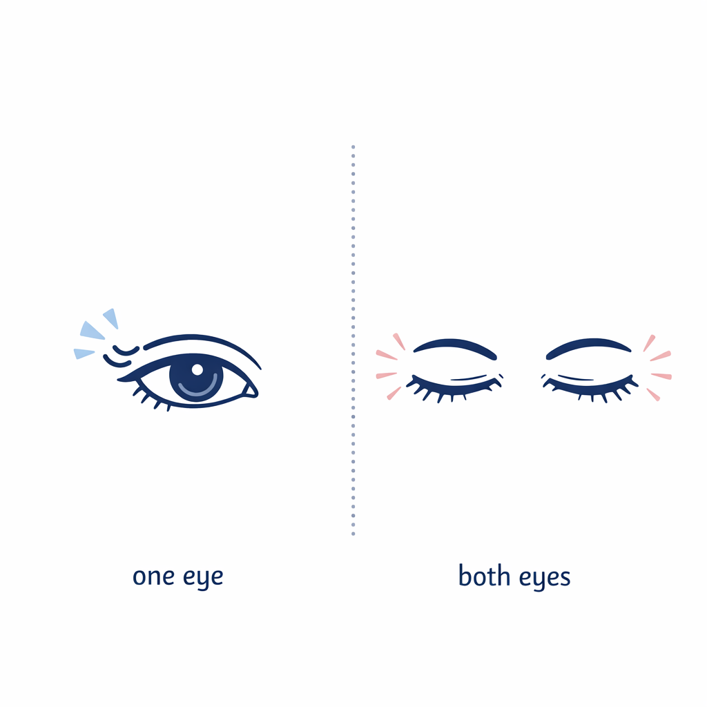 Two simple eye icons compare a single eyelid flutter with both eyes squeezing more forcefully.