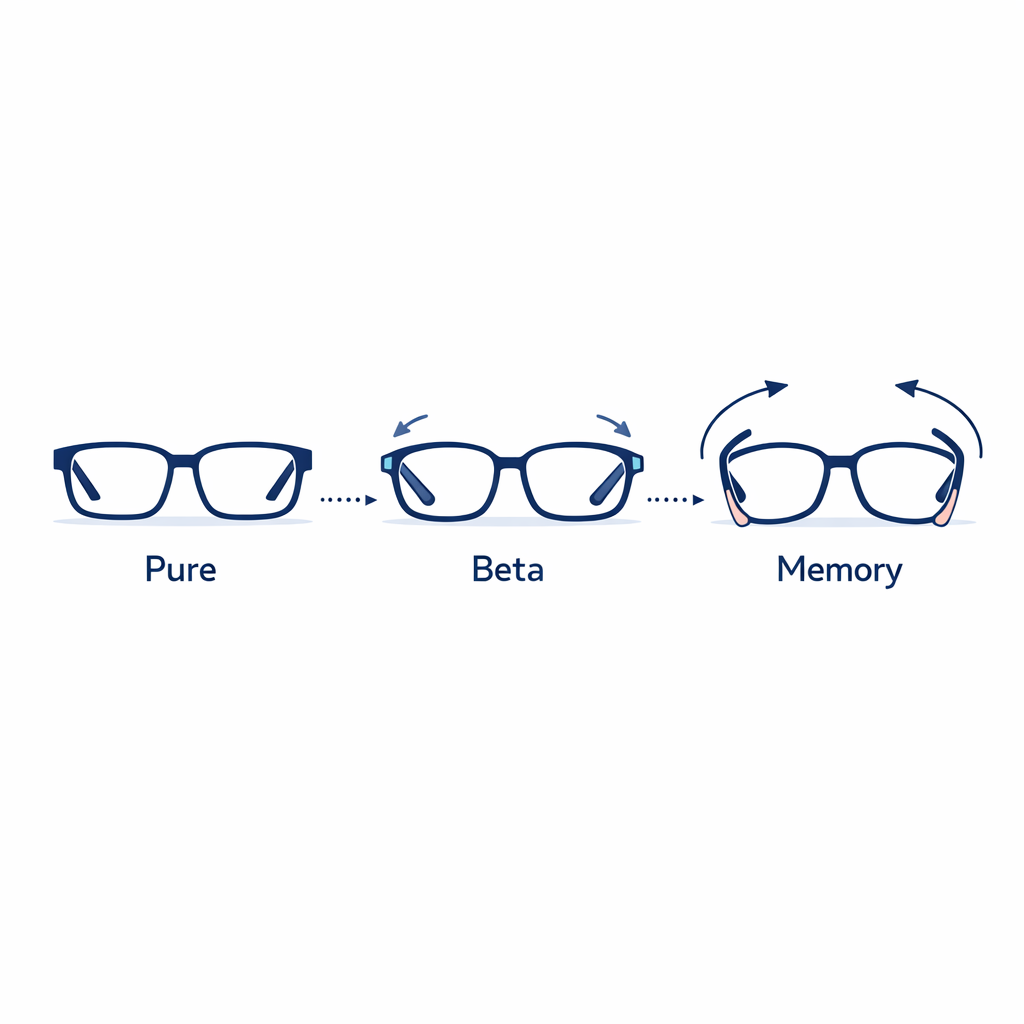 Three simplified frame diagrams compare pure titanium, beta titanium, and memory titanium behaviors.
