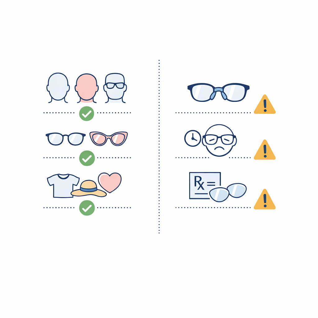A split comparison diagram contrasts face shape and style cues with comfort and prescription limits.