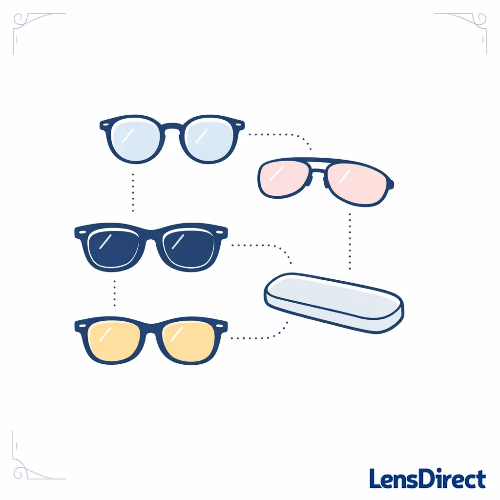 A clean eyewear system shows glasses, clip-ons, sunglasses, and case as a simple organized set.