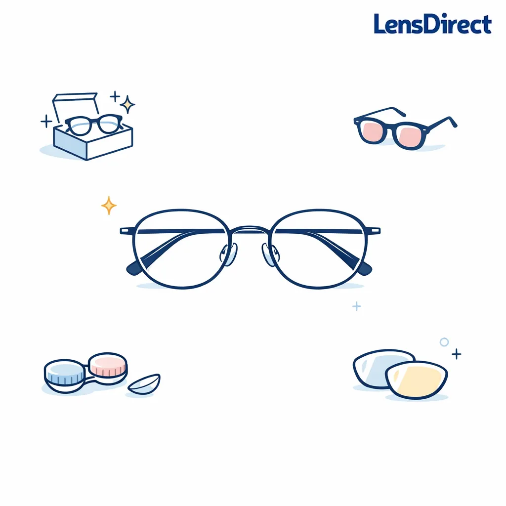 A confident titanium frame sits at center with subtle icons for glasses, sunglasses, contacts, and relensing.