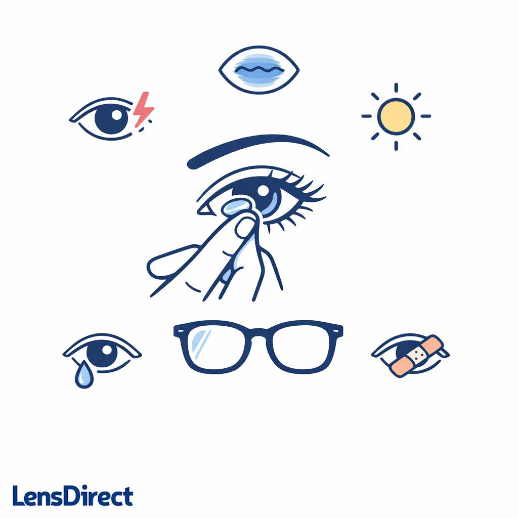 A final action graphic pairs contact removal with urgent symptom icons and a glasses backup option.