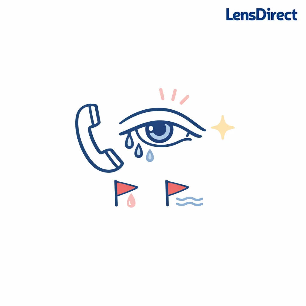 A phone, eye icon, and red-flag symbols summarize when eyelid twitching needs professional care.