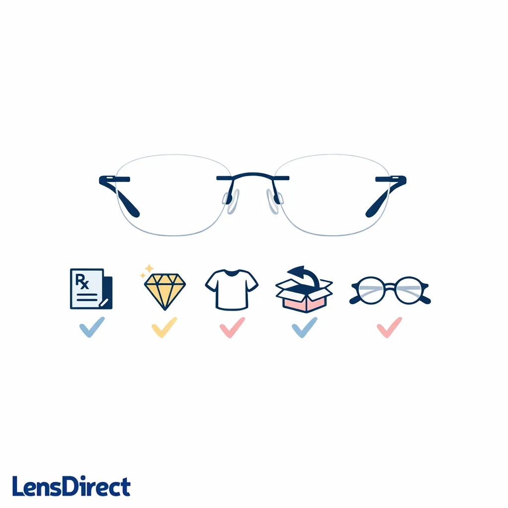 Minimal checklist and rimless glasses guide shoppers toward fit, materials, and returns.