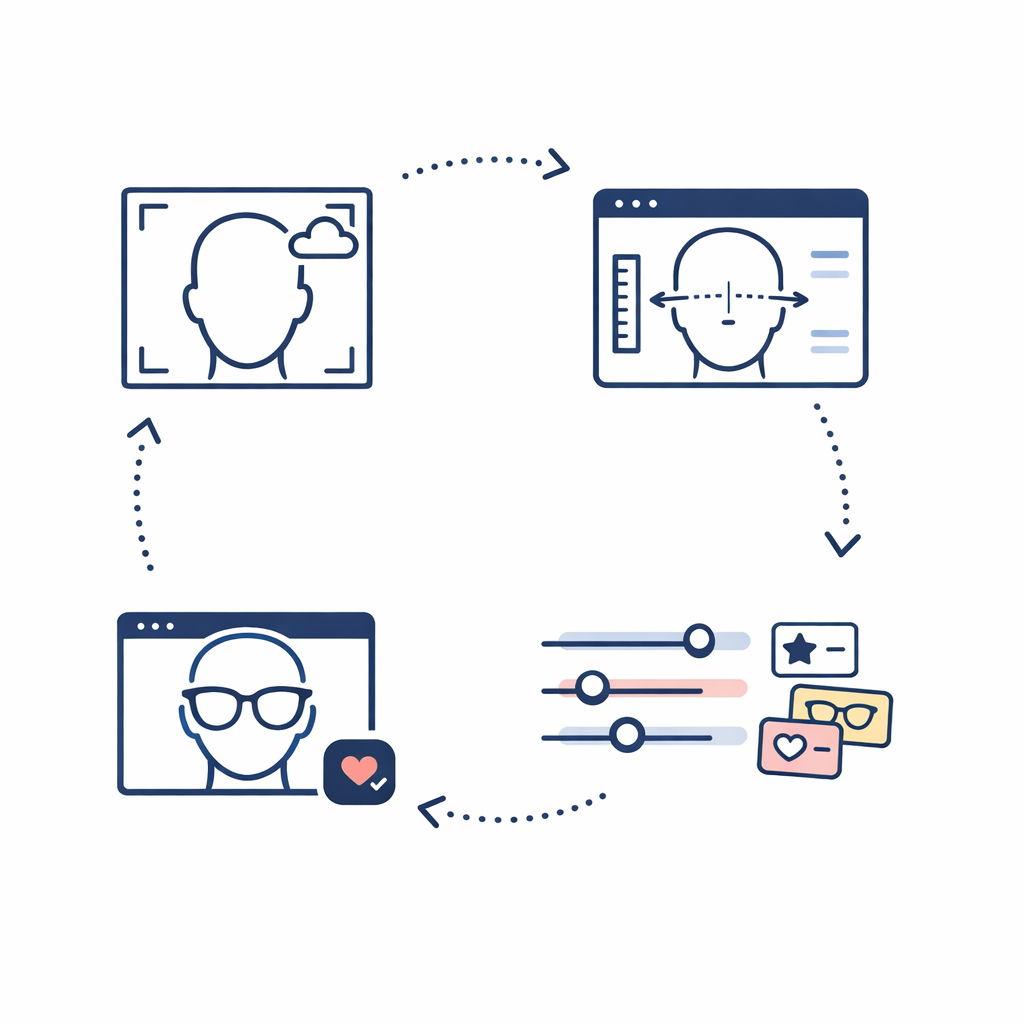 A centered four-step flow shows photo upload, analysis, style input, and virtual try-on.