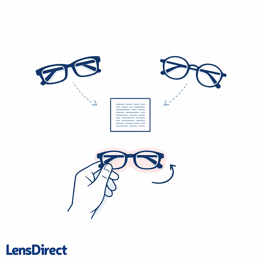 A person’s hand compares three reader strengths over small print at a natural reading distance.
